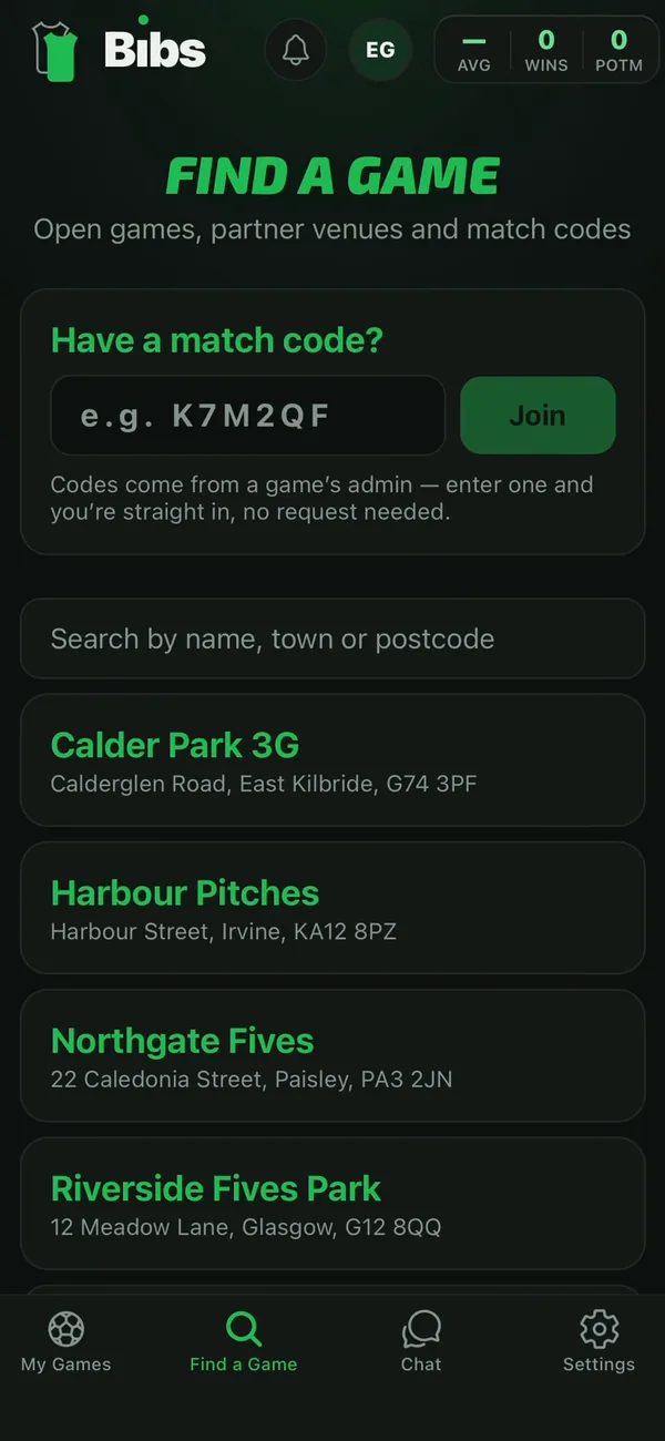 Find a Game in Bibs: a box for a match code and a list of venues nearby.