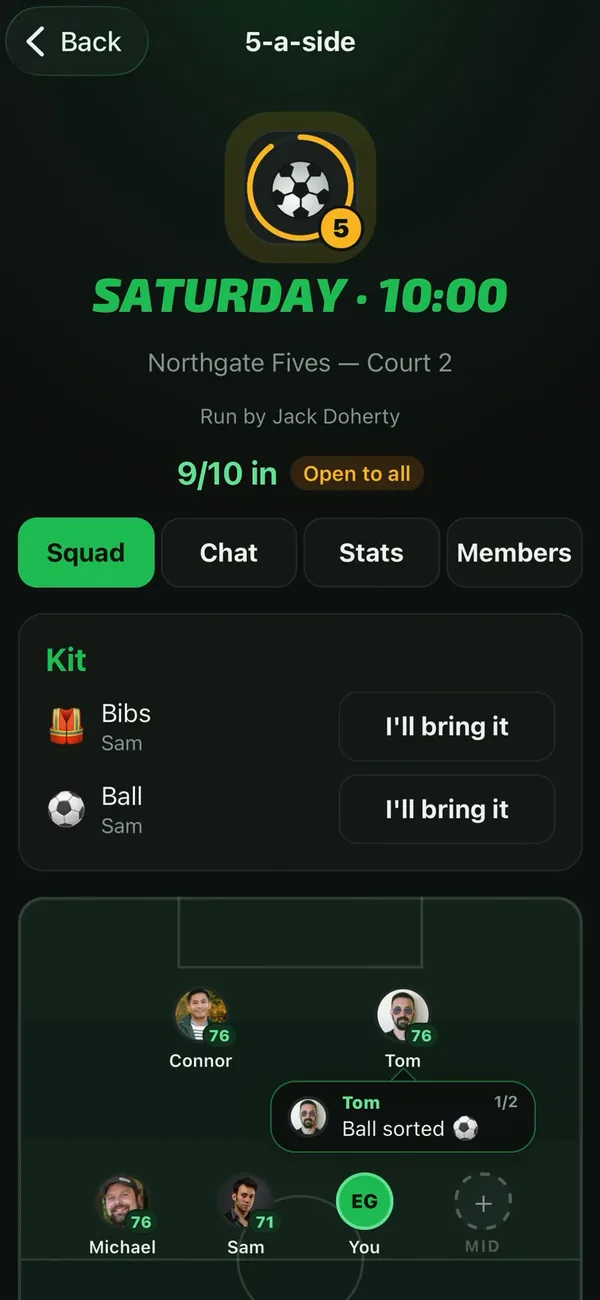 A Bibs game: Saturday at 10:00, nine of ten players in, who's bringing the bibs and ball, and the squad on the pitch.