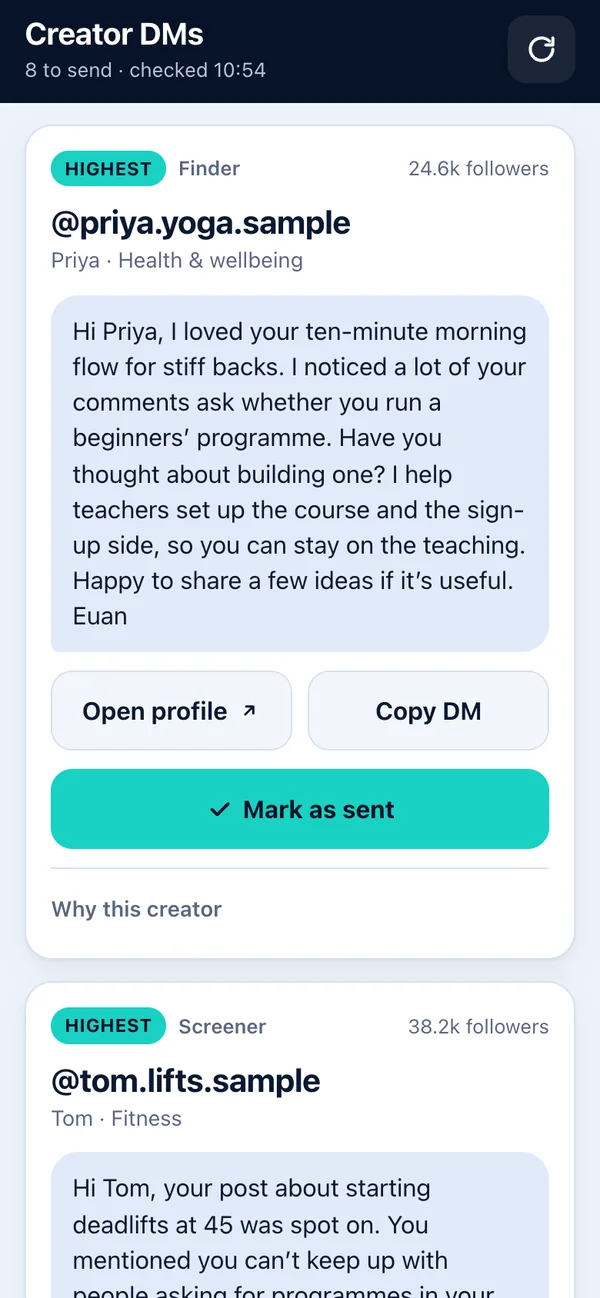 Creator DMs on a phone: a card for each creator with their drafted message and Open profile, Copy DM and Mark as sent buttons.