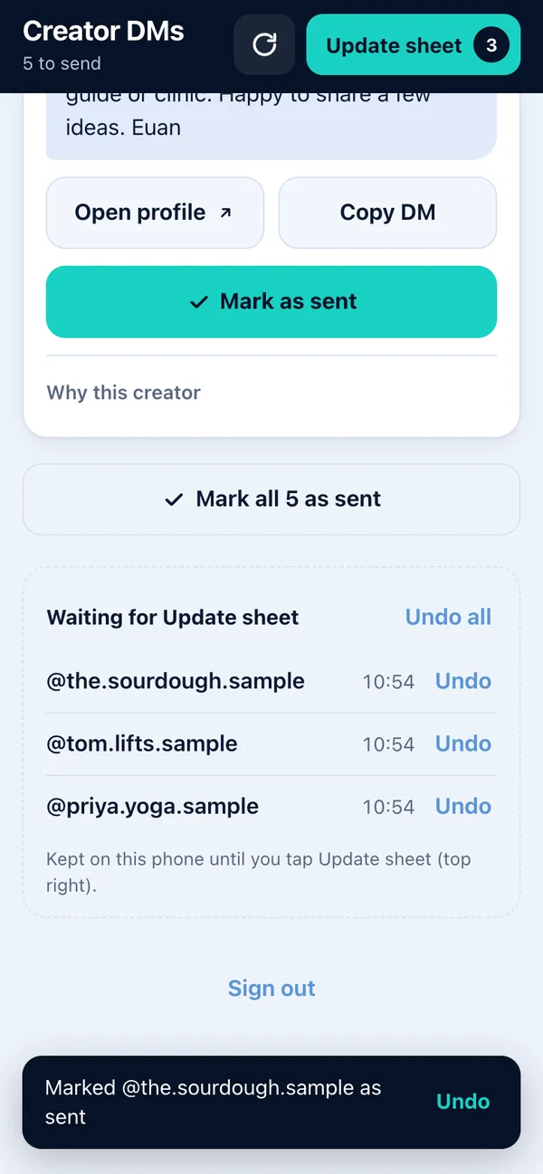 After marking three creators as sent: the Update sheet button at the top shows 3, with the creators waiting to be saved listed below.