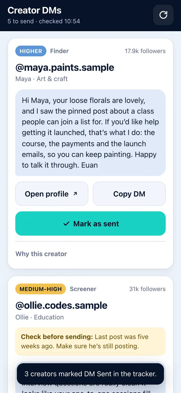 After tapping Update sheet: a message says three creators were marked as sent in the tracker, and a card flagged in yellow to check before sending.