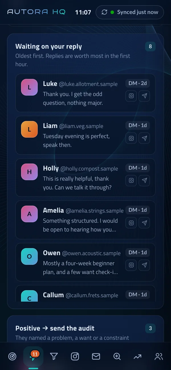 Autora HQ on a phone: Waiting on your reply, the creators who've replied and are waiting on me, oldest first.